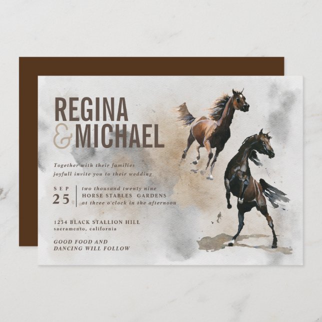 Invitation Mariage d'aquarelle Wild Horse (Devant / Derrière)