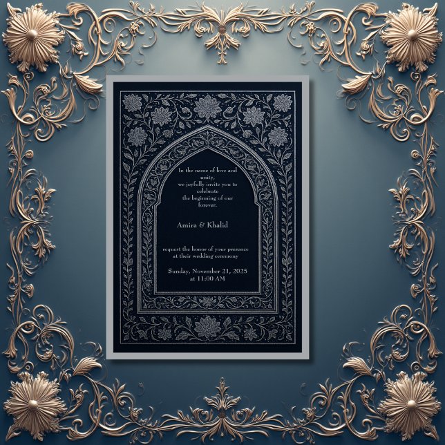 Invitation mariage d'arc arabe en argent de marine (Créateur téléchargé)