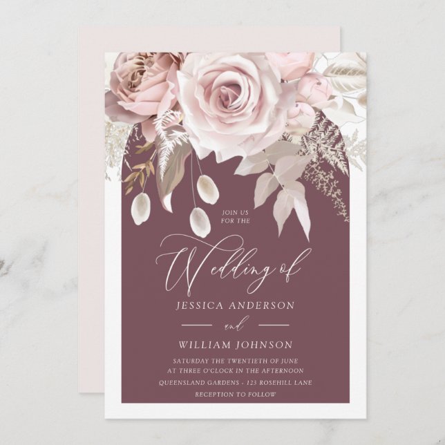 Invitation Mariage d'arc Berry Blush & Ivory Boho (Devant / Derrière)