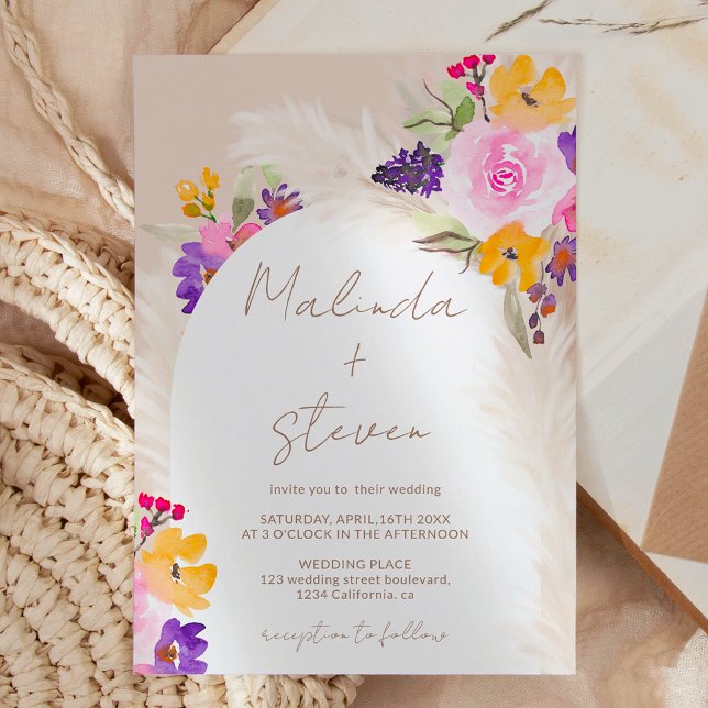 Invitation Mariage d'arc de désert Boho rose fleuri (Boho pink floral pampas desert arch wedding invitation)