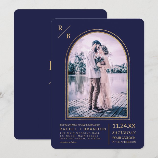 Invitation Mariage d'arche bleu marine simple or moderne (Devant / Derrière)