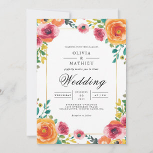 Invitation Mariage d'arche botanique corail et Rose