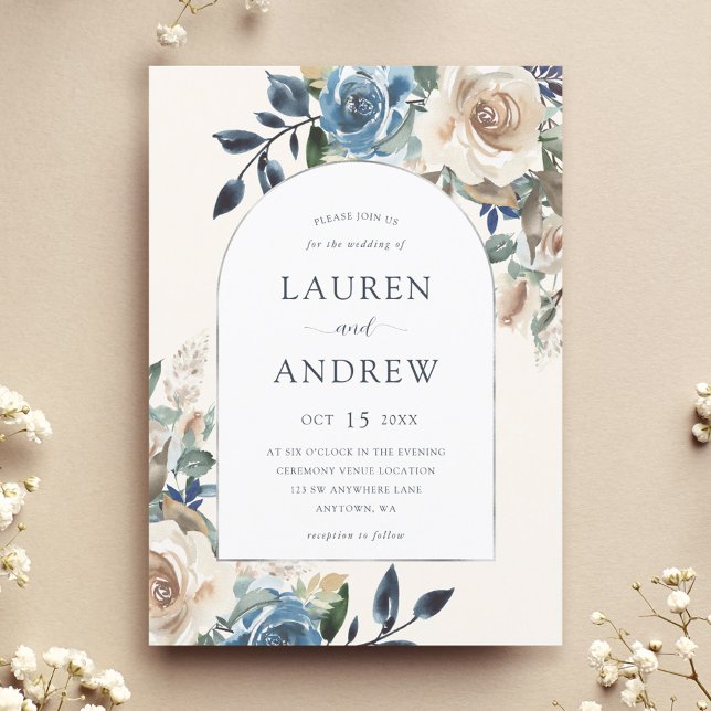 Invitation Mariage d'arche d'argent bleu de la marine (Créateur téléchargé)