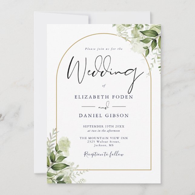 Invitation Mariage d'arche d'or Floral QR Code vert (Devant)