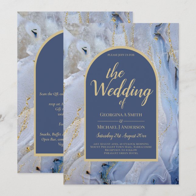 Invitation Mariage d'arche en marbre moderne bleu or (Devant / Derrière)