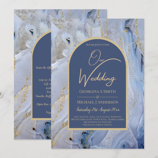 Invitation Mariage d'arche en marbre moderne bleu or (Devant / Derrière)