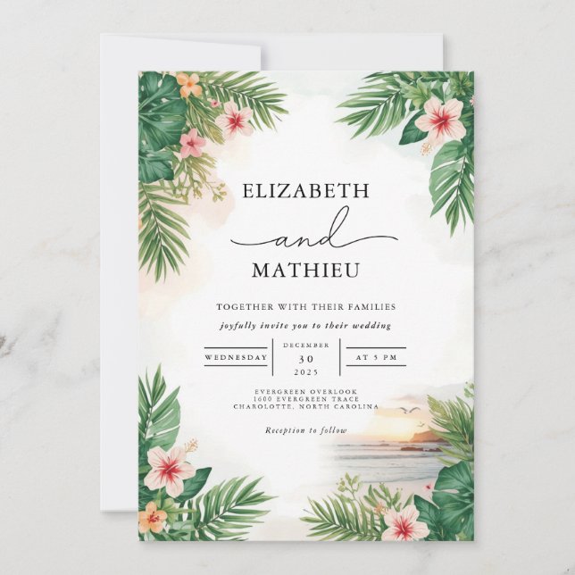 Invitation Mariage d'arche florale de palme vibrant (Devant)