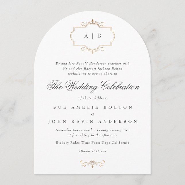 Invitation mariage d'arche monocarque classique romantique or (Devant)