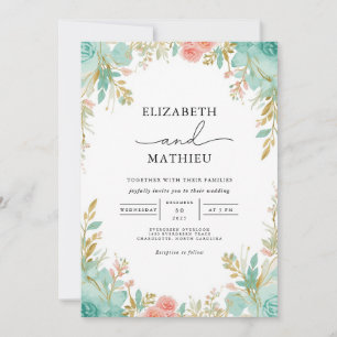Invitation Mariage d'archivage turquoise et en fleur de corai
