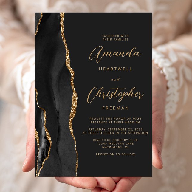 Invitation Mariage d'ardoise de script d'agate d'or noir mode (Créateur téléchargé)