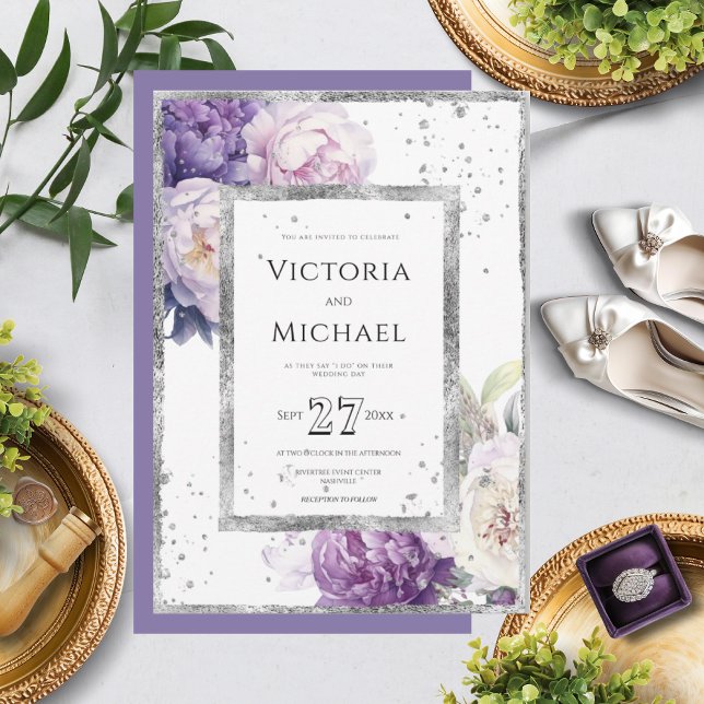 Invitation Mariage d'argent élégant de Peony Floral violet (Créateur téléchargé)