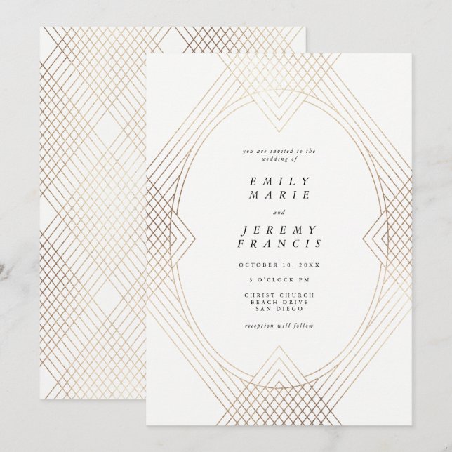Invitation Mariage d'Art Déco Géométrique Ovale Blanc Or (Devant / Derrière)
