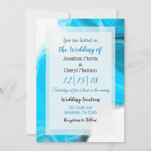 Invitation Mariage d'art fluide bleu et Marbre blanc