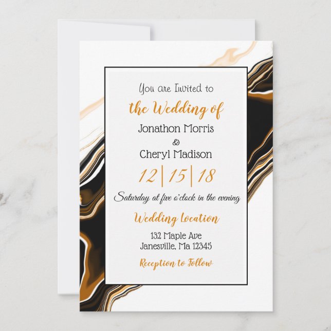 Invitation Mariage d'art fluide noir, or et Marbre blanc (Devant)