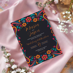 Invitation Mariage d'art populaire traditionnel mexicain noir