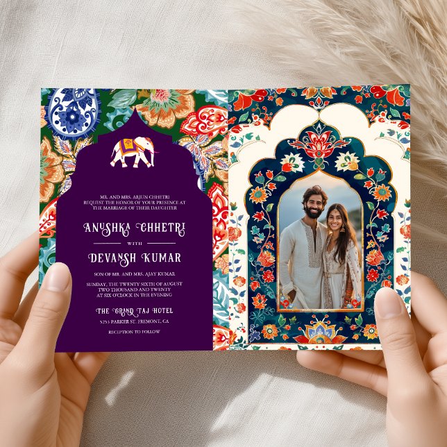 Invitation Mariage d'aubergine flamboyante Art populaire indi (Créateur téléchargé)