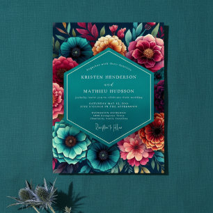 Invitation Mariage d'automne à fleurs bleu-vert