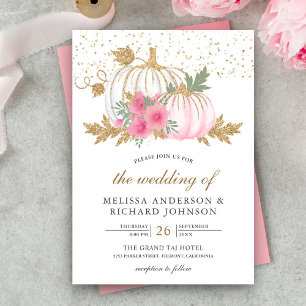 Invitation Mariage d'automne à fleurs roses avec citrouille b