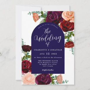 Invitation Mariage d'automne aux fleurs rustiques bleu marine
