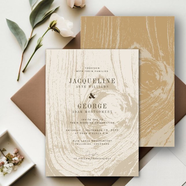 Invitation Mariage d'automne classique moderne Rustique (Classic Modern Rustic Yellow Ochre Woodgrain Chic Autumn Wedding Invitation @ fatfatin_blue_knot)