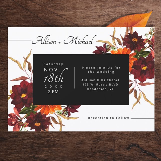 Invitation Mariage d'automne Dahlia Orange Brûlé Bourgogne (Burgundy Burnt Orange Dahlia Fall Wedding Invitation)