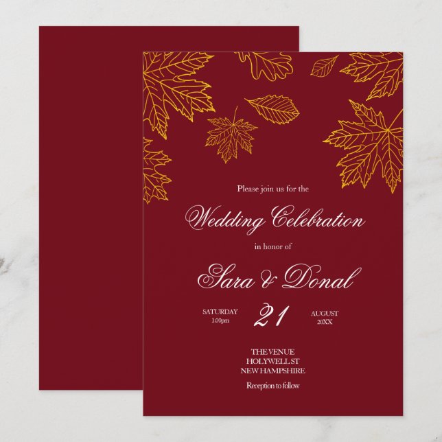 Invitation Mariage d'automne de la Bourgogne et de la feuille (Devant / Derrière)