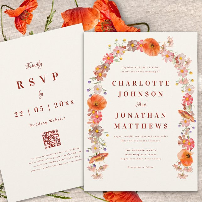Invitation Mariage d'automne élégant aux fleurs sauvages (Boho wildflower arch fall wedding invitation burnt orange elegant script and wedding website qr code)