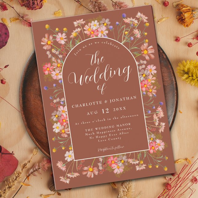 Invitation Mariage d'automne en terre cuite orange brûlé avec (Wildflower elegant arch burnt Orange terracotta fall wedding invitation )