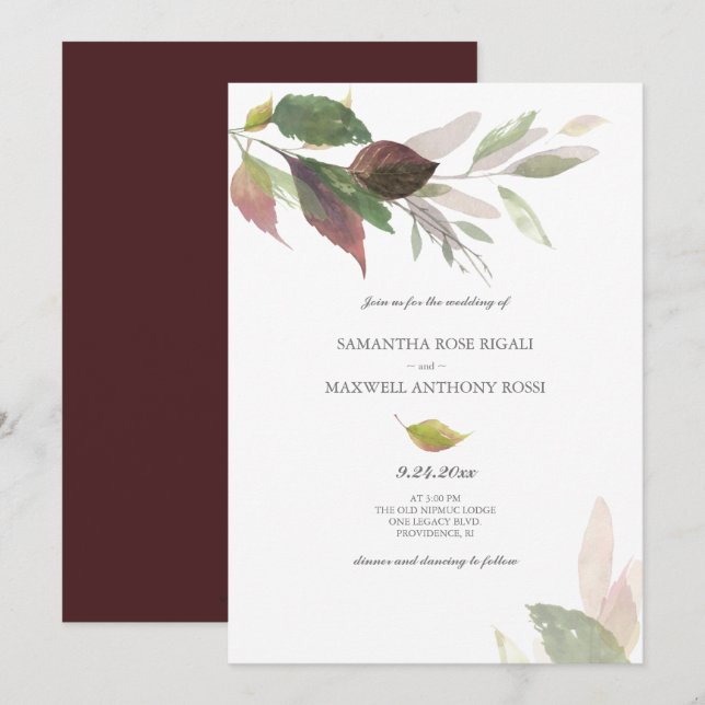 Invitation Mariage d'automne Feuille d'aquarelle (Devant / Derrière)