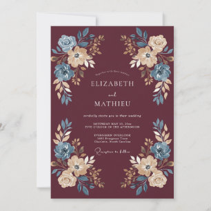 Invitation Mariage d'automne floral bleu et burgundy