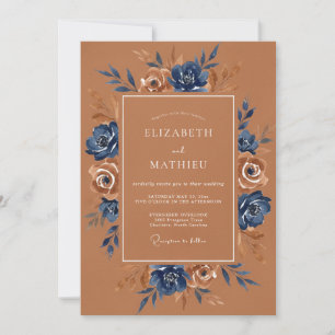 Invitation Mariage d'automne floral bleu marine et rose