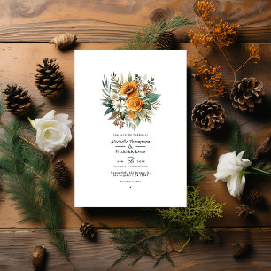 Invitation Mariage d'automne floral Brun doré et Vert pin