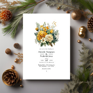 Invitation Mariage d'automne floral doré et à feuilles persis