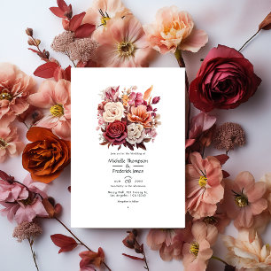 Invitation Mariage d'automne floral marron, bordeaux et saumo