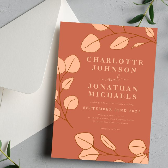 Invitation Mariage d'Automne Moderne Simple aux Feuilles Tomb (Modern simple leaf peach fuzz wedding invitation with elegant typography script )