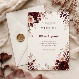 Invitation Mariage d'automne romantique en bordeaux profond