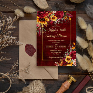 Invitation Mariage d'automne roses bordeaux tournesols jaunes