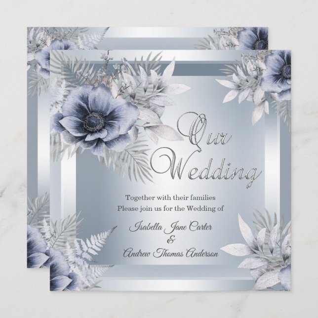 Invitation Mariage d'automne Silver Blue Floral Bouquet (Devant / Derrière)