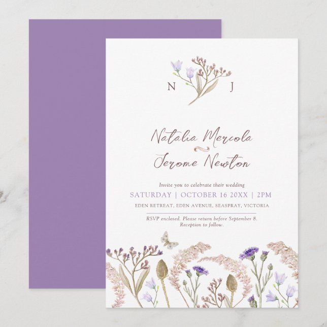 Invitation mariage de automne d'aquarelle fleur sauvage (Devant / Derrière)