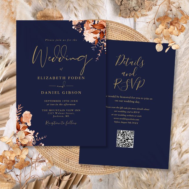 Invitation Mariage de automne de code QR bleu et or Marine (Navy Blue And Gold QR Code Fall Wedding Invitation)