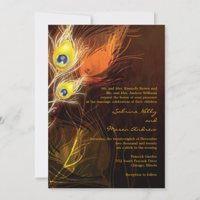 Invitation Mariage de automne de plumes Peacock or (Devant)