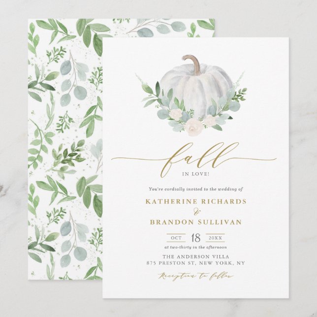 Invitation Mariage de automne de verdure Citrouille blanc (Devant / Derrière)