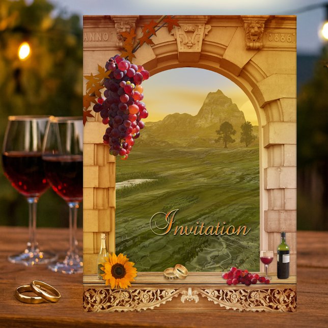 Invitation Mariage de automne du vignoble (Italian vineyard wedding invitation with a Roman arch, grapes and wine)