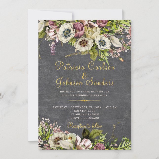 Invitation Mariage de automne en damier gris or floral rustiq (Devant)