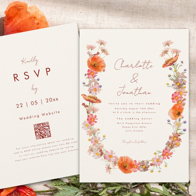 Invitation Mariage de automne Fleur sauvage Boho (Boho wildflower wreath fall wedding invitation orange peach brunt orange whimsical script)