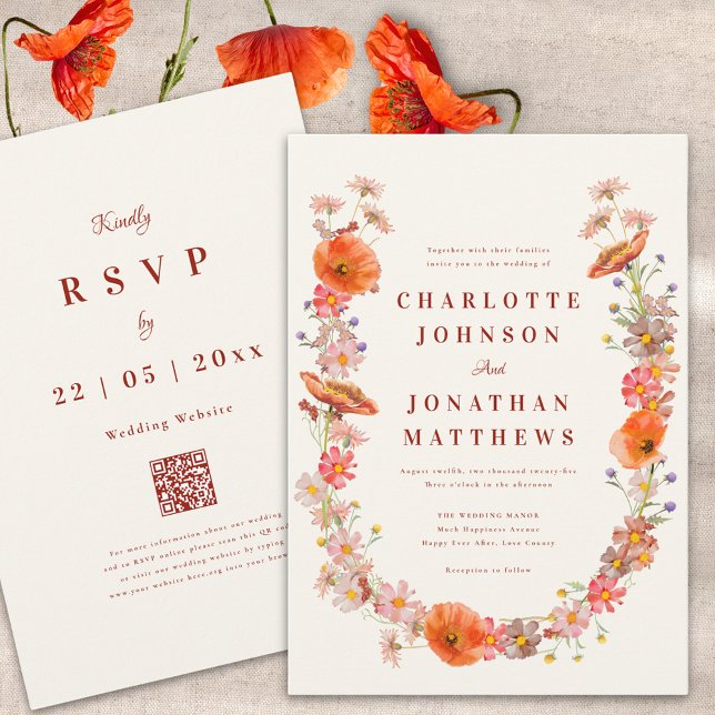 Invitation Mariage de automne Fleur sauvage Boho (Boho dried flowers fall wedding invitation with qr code)