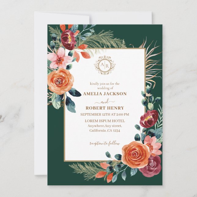 Invitation Mariage de automne fleuri vert émeraude et bordeau (Devant)