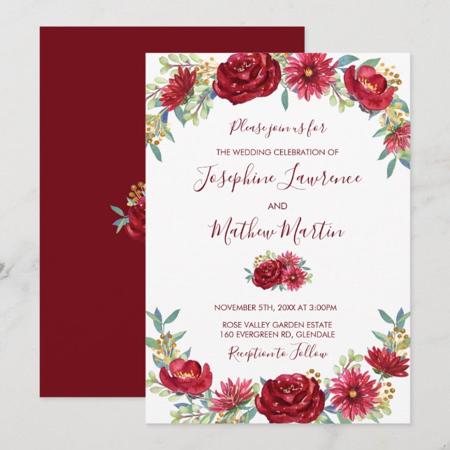 Invitation Mariage de automne floral d'Eucalyptus de Bourgogn (Devant / Derrière)