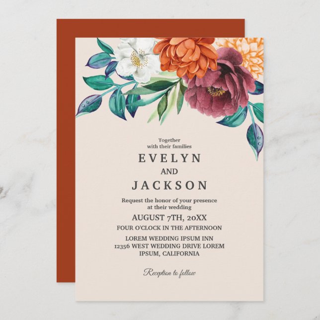 Invitation Mariage de automne floral orange en terre cuite br (Devant / Derrière)