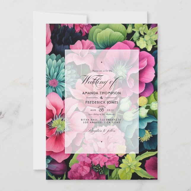 Invitation Mariage de automne floral vert, rose et noir (Devant)
